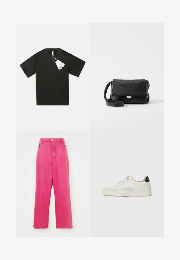 Juoda trumpomis rankovėmis medvilninė marškinėlių su apvaliu kaklu, su prisegtomis baltomis produkto etiketėmis, kabojo ant paprasto balto fono.; Rožinės plačios kojų džinsai su aukštu liemeniu, pagaminti iš denimo, su mygtuku ir užtrauktuku, diržo kilpomis ir dekoratyviniu žiedu.; Baltos sportbačiai su zomšos akcentais, apvaliu nosiu, plokščiais raišteliais ir kreminės spalvos guminiu padu. Ant kulno yra žalia ženklinimo detalė.; Juodas tekstūruotas odinis per petį nešiojamas krepšys su dangteliu, sidabro spalvos detalėmis ir reguliuojama juosta. Minimalistinis dizainas su švariomis linijomis.