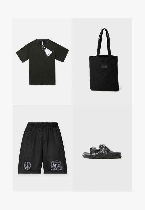 Camiseta de algodón negra de manga corta con cuello redondo y etiquetas de producto blancas adjuntas colgando del cuello sobre un fondo blanco liso.; Pantalones cortos de malla negros con cintura elástica. Presenta un signo de paz bordado en blanco y el logotipo "Aries Motel" en un diseño de contraste.; Sandalias negras con acabado brillante, que cuentan con dos correas ajustables con hebillas y un patrón texturizado en la parte superior. Suela de goma plana.; Bolsa de lona negra con dos asas, que presenta una parte superior plana, superficie texturizada y un pequeño logotipo en relieve en la parte delantera.