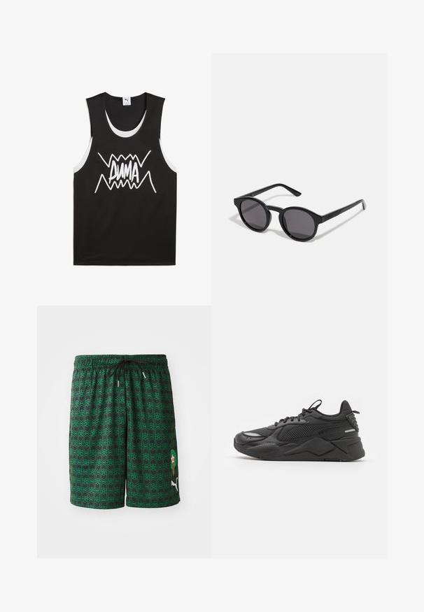 Svart ärmlös tanktopp med vita detaljer som har en djärv, stiliserad "PUMA"-logotyp i mitten. Tillverkad av ett nätliknande tyg.; Svarta shorts med ett geometriskt grönt mönster, med resårmidja och dragsko. Inkluderar ett marockanskt emblem och Puma-logotyp.; Svart sneaker med en texturerad ovandel, featuring mesh och syntetiska material, en tjock sula och reflekterande detaljer för synlighet.; Svarta solglasögon med en rund, något vågig ram, mörka linser och rak svarta skalmar. Slät, blank yta utan synliga mönster.
