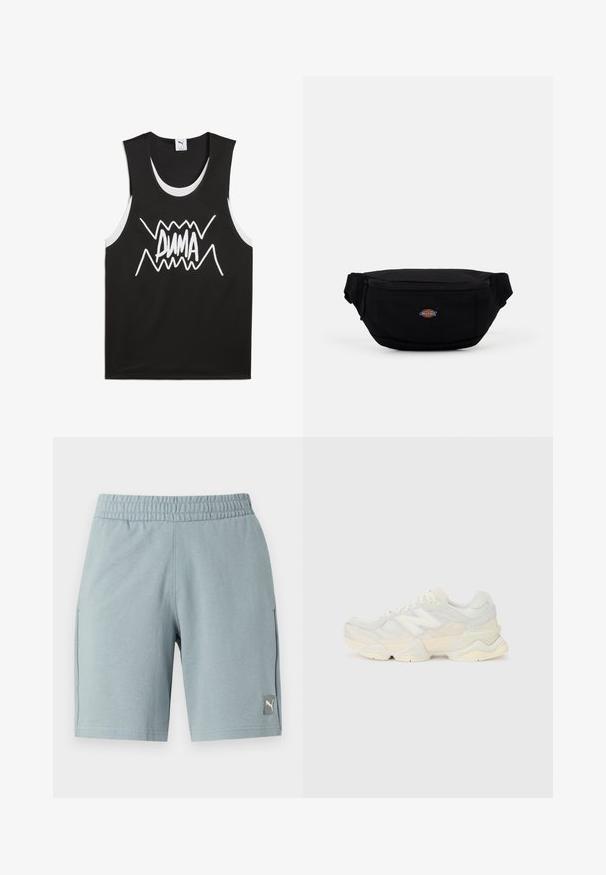 Black sleeveless tank top with white accents featuring a bold, stylized "PUMA" logo in the center. Made from a mesh-like fabric.; Light blue athletic shorts with an elastic waistband, side pockets, and a small Puma logo patch on the left front. Smooth fabric texture.; Lightweight sneaker featuring a mesh and suede upper in soft cream tones, with a chunky sole and three-dimensional accents.; Black fabric fanny pack with a zippered closure, featuring a small branded logo on the front. Compact, rounded design with adjustable straps.