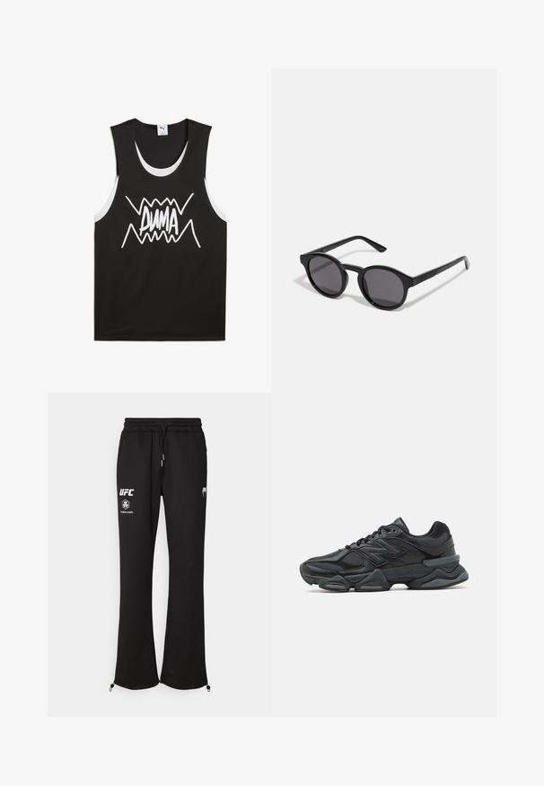 Μαύρη αμάνικη μπλούζα με λευκές λεπτομέρειες, που διαθέτει έναν τολμηρό, στυλιζαρισμένο λογότυπο "PUMA" στο κέντρο. Φτιαγμένη από ύφασμα τύπου διχτυού.; Μαύρα παντελόνια φόρμας με ελαστική μέση, που διαθέτουν λευκά λογότυπα UFC και κορδόνι. Συμπεριλαμβάνουν φερμουάρ στον αστραγάλου για ρυθμίσεις.; Μαύρο αθλητικό παπούτσι με συνδυασμό πλέγματος και συνθετικών υλικών, χοντρή σόλα, καμπυλωτό σχέδιο και έντονη επωνυμία στο πλάι.; Μαύρα γυαλιά ηλίου με στρογγυλό, ελαφρώς κυματιστό σκελετό, σκούρους φακούς και ίσιους μαύρους βραχίονες. Λείος, γυαλιστερός χαρακτήρας χωρίς ορατά σχέδια.