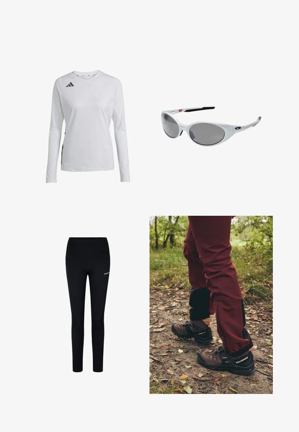 Pitkähihaisen urheilupaidan valkoinen kangas, jossa on pyöreä kaula-aukko ja musta Adidas-logo vasemmalla olkapäällä ja sivupaneelissa.; Mustat legginsit venyvästä kankaasta, joissa on korkea vyötärö ja pieni logo vasemmassa reidessä, suunniteltu mukavuutta ja liikkumavaraa varten.; Ruskeat vaelluskengät mustilla yksityiskohdilla ja karkeilla pohjilla, yhdistettynä viininpunaisiin vedenpitäviin housuihin, joissa on mustat sivupaneelit ja vetoketjut.; Valkoiset muoviset aurinkolasit suurilla soikeilla linsseillä, harmaasävyiset. Varusteena mustat korvavarret ja pieni logo kehyksessä. Sileä pinta.; Salomon ACTIVE SKIN 12 SET UNISEX - Juomareppu - black; Mustat hanskat, jotka on valmistettu teksturoidusta kankaasta, sisältävät sormisegmentoinnin ja kosketusherkän sormenpään. "SALOMON"-logo valkoisena sivussa.