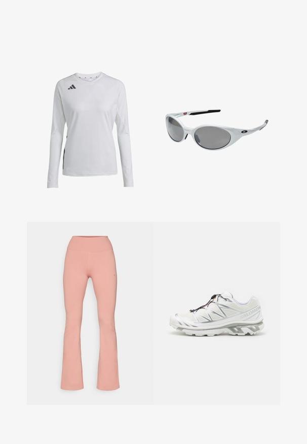 Long-sleeve athletic shirt in white fabric, featuring a rounded neckline and black Adidas logo on the left shoulder and side accent.; Flared exercise pants in soft pink fabric, featuring a high waistband and smooth texture, with minimal stitching and logo detail on the side.; White athletic shoe with a textured upper, reflective accents, and a grey sole. Features accentuated triangular patterns and a quick-lace system.; White plastic sunglasses with large oval lenses, gray tinted. Features black ear grips and a small logo on the frame. Smooth finish.