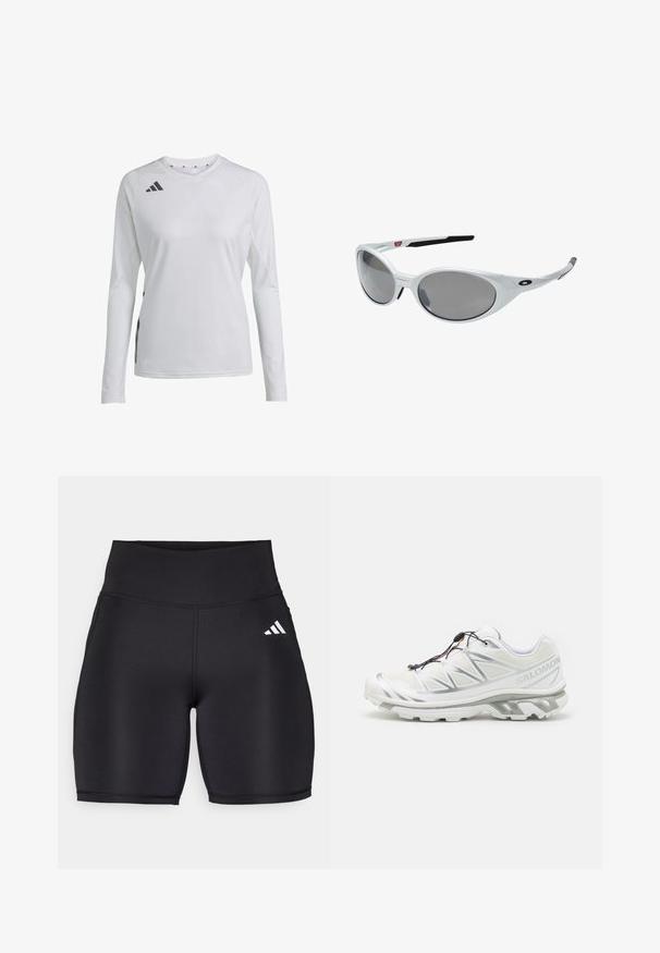 Langærmet atletisk skjorte i hvidt stof med rund halsudskæring og sort Adidas-logo på venstre skulder og sideaccent.; Sorte atletiske shorts lavet af strækbart stof, med en høj talje, en glat tekstur og et hvidt tre-stribe logo på siden.; Hvid atletiksko med en tekstureret overdel, reflekterende detaljer og en grå sål. Har fremhævede trekantede mønstre og et hurtigt snøresystem.; Hvide plast solbriller med store ovale linser, gråtonede. Har sorte øre greb og et lille logo på rammen. Glat overflade.