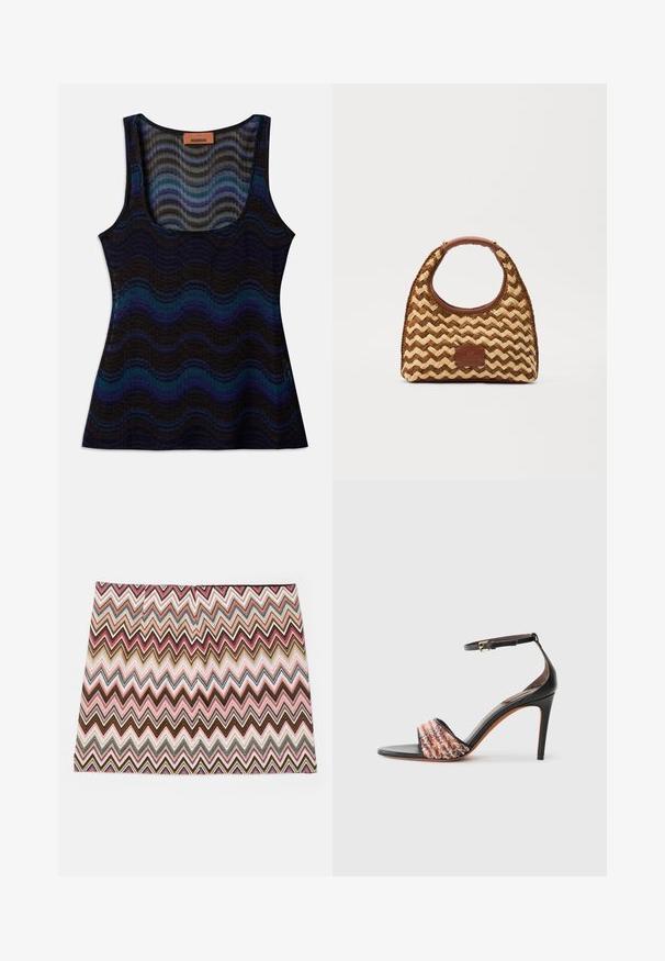 Bezrukávový top s vlnkovaným vzorom v odtieňoch modrej, čiernej a sivej. Vyrobený z ľahkého materiálu, s okrúhlym výstrihom a rebrovanou textúrou.; Sukňa s viacfarebným chevronovým vzorom, ktorá obsahuje cik-cak dizajn v odtieňoch ružovej, hnedej a krémovej farby, s rovnou spodnou časťou a hladkou textúrou.; Čierne sandále na vysokom opätku s členkovým remienkom. Majú textúrovaný, viacfarebný pruh látky cez prsty. Hladký kožený povrch.; Tkaná slaměná taška so vzorom zigzag, hnedá kožená rukoväť a základňa a obdĺžniková logo nášivka na prednej strane.
