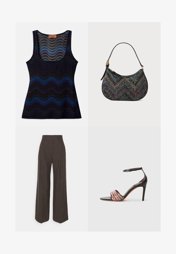 Sleeveless top with a wavy pattern in shades of blue, black, and gray. Made from lightweight material, featuring a scoop neckline and ribbed texture.; Dark brown wide-leg trousers with a high waist, featuring neatly pressed creases, smooth texture, and a tailored fit.; Black heeled sandal with an ankle strap. Features a textured, multicolored fabric band across the toe. Smooth leather finish.; Black handbag with a curved shape, featuring a multicolored chevron pattern and metallic thread. It has a leather strap and gold hardware accents.