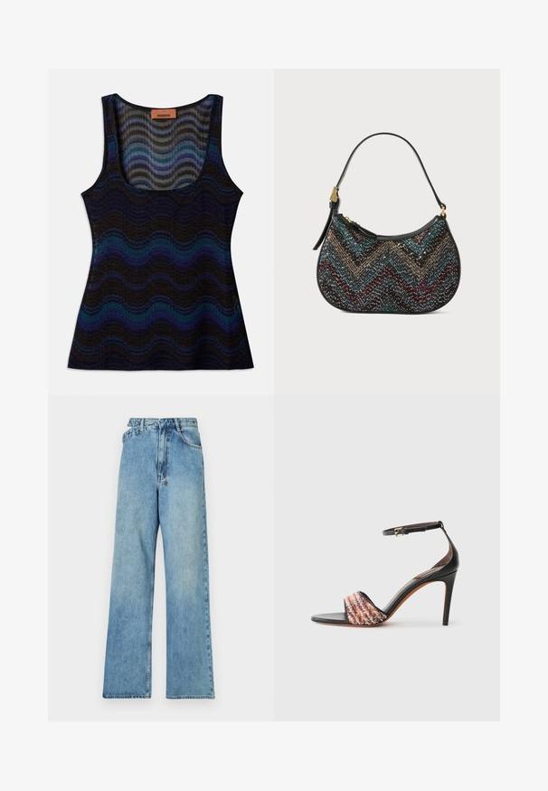 Majica bez rukava s valovitim uzorkom u nijansama plave, crne i sive. Izrađena od laganog materijala, ima okrugli izrez i rebrastu teksturu.; Svijetloplave traper široke hlače s srednjim strukom, pet džepova i zakopčavanjem na gumbi, s metalnim dodacima i izblijedjelim izrezom.; Crne sandale s potpeticom i remenom oko gležnja. Imaju teksturirani, višebojni materijal preko nožnog prsta. Glatka kožna površina.; Crna torbica zakrivljenog oblika, s multikolornim chevron uzorkom i metalnom niti. Ima kožnu traku i zlatne metalne detalje.