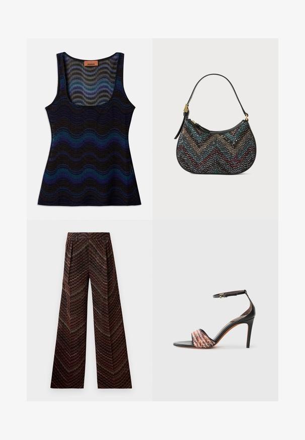 Bešvarkis su banguota raštą mėlynos, juodos ir pilkos spalvų atspalvių. Pagamintas iš lengvos medžiagos, turi apvalų iškirpimą ir raištinę tekstūrą.; Plati džinsai su aukštu liemeniu ir zigzago raštu, kuriame derinami rudi, juodi, rožiniai ir žali atspalviai ant balto fono.; Juodi kulniukai su užtrauktuku ant kulkšnies. Yra tekstūruota, daugiaspalvė audinio juosta per pirštus. Lygus odos paviršius.; Juodas moteriškas rankinukas su lenkta forma, puikuojantis daugiakampiu raštu ir metaliniu siūlu. Jame yra odinė rankena ir auksinės spalvos detalės.