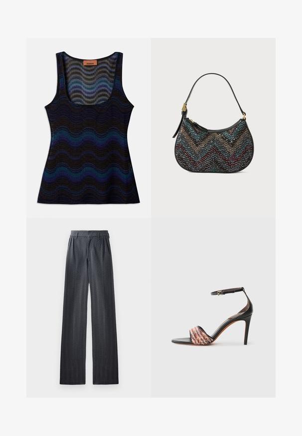 Majica bez rukava z valovitim vzorcem v odtenkih modre, črne in sive. Narejena iz lahkotnega materiala, z okroglo izrezom in rebrasto teksturo.; Široke hlače iz temno sive tkanine s ribjo kostjo, z elastičnim pasom in gladko teksturo, zasnovane za udobje in večnamenskost.; Črne natikače s peto in trakcem okoli gležnja. Imajo teksturiran, večbarven drog čez prste. Gladek usnjen zaključek.; Črna torbica s ukrivljeno obliko, ki ima večbarvni črto vzorec in kovinsko nit. Ima usnjeni trak in zlate dodatke.