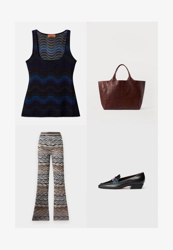 Varrukateta topp lainelise mustriga siniste, mustade ja hallide toonidega. Valmistatud kergetest materjalidest, omab ümarat kaelust ja soonikstruktuuri.; Laienevad püksid, millel on laineline muster mustas, valges ja pruunides toonides. Pehme kangas koos elastse vöökohaga mugavuse tagamiseks.; Musthave mustaga musta nahast madala kontsaga loafer, terava ninaga ja värviliselt mustritatud rihmaga valgel taustal.; Pruun nahast kott, millel on sile tekstuur, lai keha ja kaks lühikest käepidet. Omab minimaalset õmblust, nähtavate metallosade või dekoratiivsete elementideta.