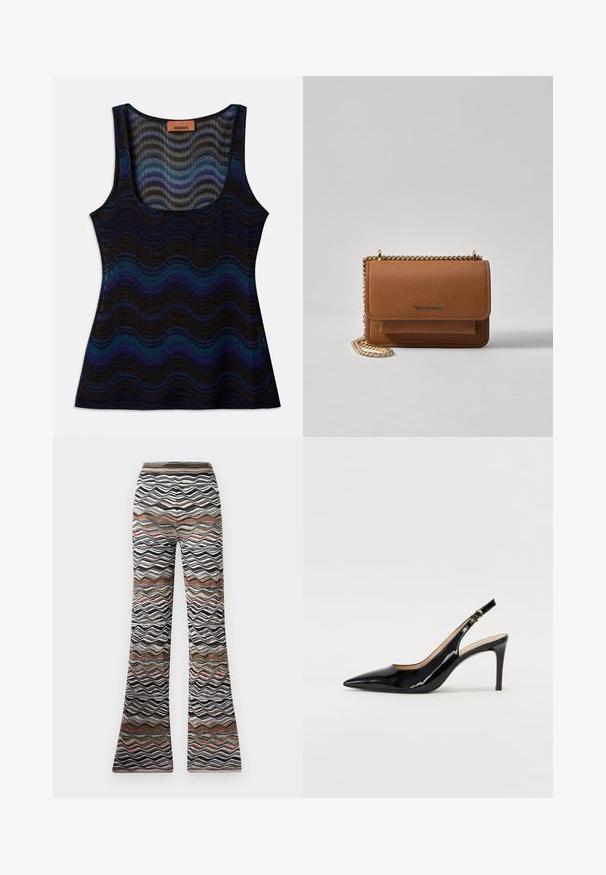 Bezrękawnik z falistym wzorem w odcieniach niebieskiego, czarnego i szarego. Wykonany z lekkiego materiału, z dekoltem w serek i żebrowaną fakturą.; Spodnie dzwony w falisty wzór w kolorze czarnym, białym i odcieniach brązu. Miękka tkanina z elastycznym pasem dla wygody.; Czarne lakierowane szpilki typu slingback z szpiczastym noskiem, smukłym obcasem i subtelnym wycięciem. Posiadają złotą klamrę na pasku.; Brązowa skórzana torba na ramię z teksturą, z złotym łańcuszkiem i zapięciem na klapkę. Z przodu znajduje się detal z logo oraz kieszeń pod klapką.