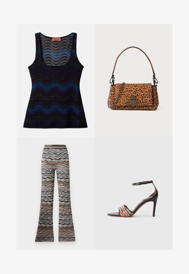 Varrukateta topp lainelise mustriga siniste, mustade ja hallide toonidega. Valmistatud kergetest materjalidest, omab ümarat kaelust ja soonikstruktuuri.; Laienevad püksid, millel on laineline muster mustas, valges ja pruunides toonides. Pehme kangas koos elastse vöökohaga mugavuse tagamiseks.; Mustad mustakontsaga sandaal, millel on pahkluu rihm. Esitakse tekstureeritud, mitmevärvilise kangasnööriga varba kohal. Ümarda nahkviimistlus.; Leopardimustriga nahkese käekott, mis on valmistatud suede'ist, lühikese käepideme ja ahelahaga. Ristkülikukujuline kuju flapi sulgemisega.