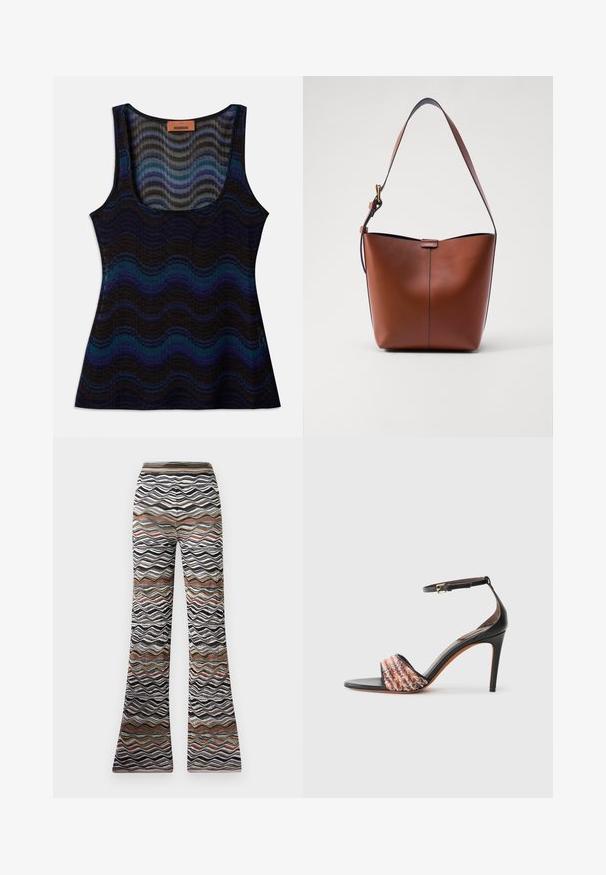 Varrukateta topp lainelise mustriga siniste, mustade ja hallide toonidega. Valmistatud kergetest materjalidest, omab ümarat kaelust ja soonikstruktuuri.; Laienevad püksid, millel on laineline muster mustas, valges ja pruunides toonides. Pehme kangas koos elastse vöökohaga mugavuse tagamiseks.; Mustad mustakontsaga sandaal, millel on pahkluu rihm. Esitakse tekstureeritud, mitmevärvilise kangasnööriga varba kohal. Ümarda nahkviimistlus.; Pruun nahast õlakott, millel on kaarjas kuju, sile tekstuur ja üks õhuke rihm. Omab peent õmblust ja väikest logo detaili.