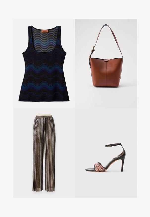 Bezramínkový top s vlnitým vzorem v odstínech modré, černé a šedé. Vyroben z lehkého materiálu, má výstřih do véčka a žebrovanou texturu.; Plisované kalhoty širokého střihu s multibarevnými metalickými pruhy, s černým základem a elastickým pasem se pruhovaným designem.; Černé sandály na podpatku s páskem kolem kotníku. Mají texturovaný, vícebarevný pruh látky přes prsty. Hladký kožený povrch.; Hnědá kožená taška přes rameno s zakřiveným tvarem, hladkou texturou a jedním tenkým popruhem. Obsahuje jemný šev a malý detail loga.