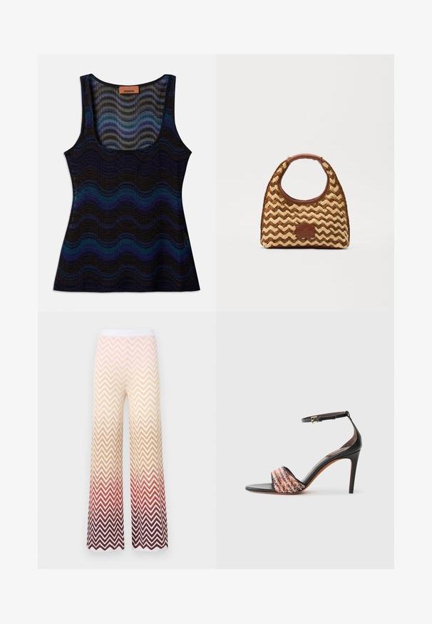 Mouwloos topje met een golvend patroon in tinten van blauw, zwart en grijs. Gemaakt van lichtgewicht materiaal, met een ronde hals en een geribbelde structuur.; Wijde, gebreide broek met een zigzag chevronpatroon dat overgaat van crème naar oranje naar dieprood, met een witte elastische tailleband.; Zwarte hak sandaal met een enkelbandje. Kenmerkt zich door een textuur, multicolor stoffen band over de tenen. Gladde leren afwerking.; Geweven rieten tas met een zigzagpatroon, bruine leren handgreep en bodem, en een rechthoekig logo op de voorkant.