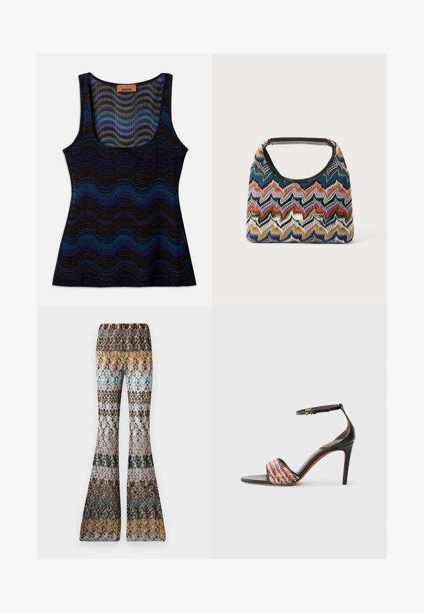 Sleeveless top with a wavy pattern in shades of blue, black, and gray. Made from lightweight material, featuring a scoop neckline and ribbed texture.; Knit flared pants with multicolored horizontal stripes in earthy tones, including mustard, teal, brown, black, pink, and grey.; Black heeled sandal with an ankle strap. Features a textured, multicolored fabric band across the toe. Smooth leather finish.; Multicolored woven handbag featuring a zigzag pattern, rounded top with a black handle, and a textured surface. Ideal for casual use.