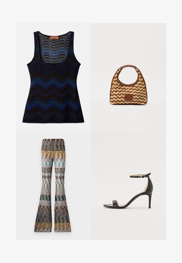 Ärmelloses Top mit wellenförmigem Muster in Blau-, Schwarz- und Grautönen. Hergestellt aus leichtem Material, mit einem Rundhalsausschnitt und gerippter Textur.; Gestrickte Schlaghosen mit mehrfarbigen horizontalen Streifen in erdigen Tönen, darunter Senf, Petrol, Braun, Schwarz, Rosa und Grau.; Schwarze Leder-high-heeled Sandale mit Knöchelriemen. Verfügt über eine glatte Textur, offene Zehen und einen dünnen Absatz. Goldfarbener Schnallenakzent.; Geflochtene Strohtasche mit einem Zickzackmuster, braunem Ledergriff und -boden sowie einem rechteckigen Logo-Patch auf der Vorderseite.