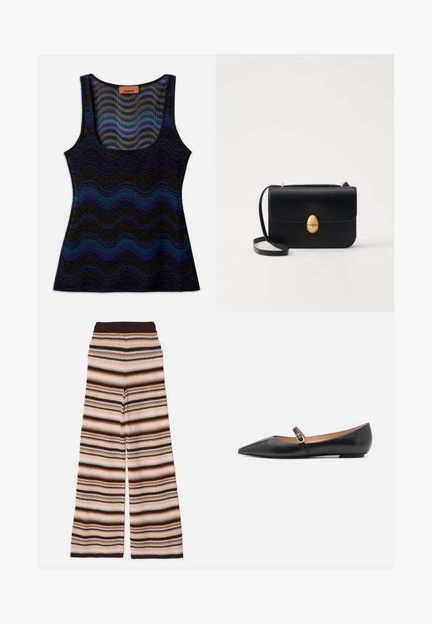 Bešvarkis su banguota raštą mėlynos, juodos ir pilkos spalvų atspalvių. Pagamintas iš lengvos medžiagos, turi apvalų iškirpimą ir raištinę tekstūrą.; Missoni TROUSERS - Kelnės - coffee/multicolor; Juodos odinės baleto bateliai su smailiu pirštu ir šoniniu dirželiu, papuoštu apvaliu auksiniu akcentu. Lengvi su plokščiu padu.; Juodas odinis rankinukas su struktūrine stačiakampio forma. Yra auksinė ovali sagtis ir plona petneša. Glotni tekstūra.