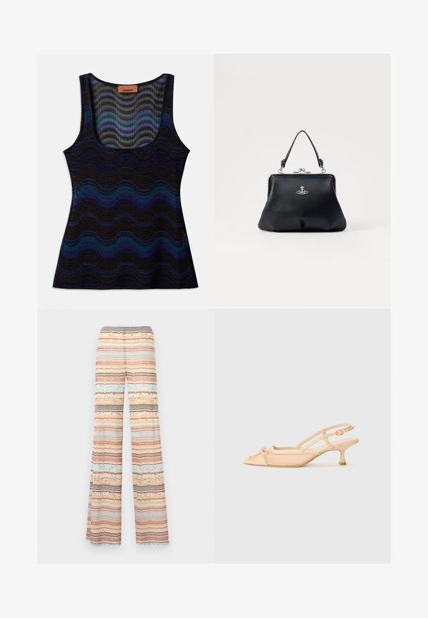 Top sem mangas com um padrão ondulado em tons de azul, preto e cinza. Feito de material leve, apresenta decote em forma de barco e textura canelada.; Calças de perna larga com um padrão listrado multicolorido. O tecido apresenta listras texturizadas em tons de pêssego, azul, castanho e creme. Cintura elástica.; Stuart Weitzman KITTY - Saltos clássicos - beige/barely beige; Bolsa de mão de couro preto com uma superfície texturizada, ferragens prateadas, fecho de fecho e uma alça curta para transporte. Design compacto e estruturado.
