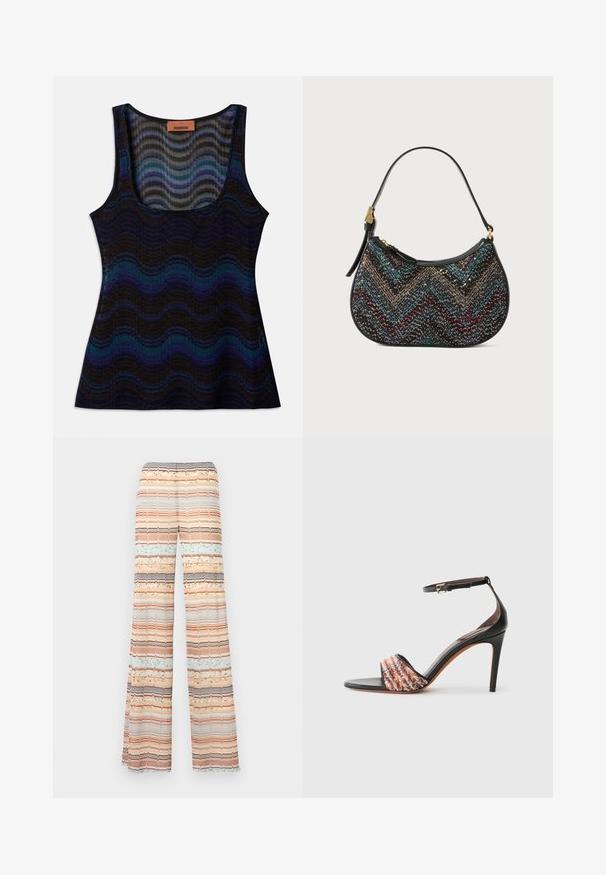 Majica bez rukava z valovitim vzorcem v odtenkih modre, črne in sive. Narejena iz lahkotnega materiala, z okroglo izrezom in rebrasto teksturo.; Hlače širokega kroja v večbarvnem prugastem vzorcu. Tkanina ima teksturirane prugaste vzorce v breskev, modri, rjavi in smetanasti barvi. Elastični pas.; Črne natikače s peto in trakcem okoli gležnja. Imajo teksturiran, večbarven drog čez prste. Gladek usnjen zaključek.; Črna torbica s ukrivljeno obliko, ki ima večbarvni črto vzorec in kovinsko nit. Ima usnjeni trak in zlate dodatke.
