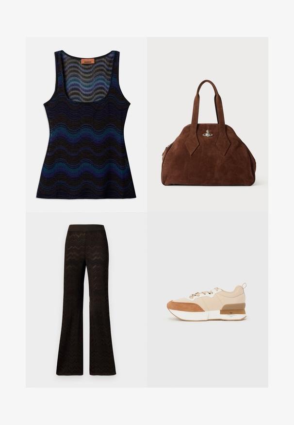 Mouwloos topje met een golvend patroon in tinten van blauw, zwart en grijs. Gemaakt van lichtgewicht materiaal, met een ronde hals en een geribbelde structuur.; Zwarte wijde broek met een zigzagbreipatroon en elastische tailleband, tentoongesteld tegen een eenvoudige witte achtergrond.; Sneaker met een beige stoffen bovenkant en tan suede accenten, een witte tussenzool en een rubberen buitenzool met een merkdetail.; Bruine suède handtas met een gestructureerde vorm, ronde body en verlengde ruitvormige handvatten. Voorzien van een sluiting met zilveren hardware.