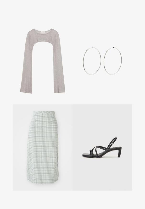 Sidabrinė ilgarankovė palaidinė su apvaliu iškirpimu ir išpjova apačioje. Pagaminta iš tekstūruoto audinio, pasižyminti prigludusia siluetu ir išsiplėtusiomis rankovėmis.; Kelio ilgio sijonas šviesiai žaliai baltos languotos tekstūros, su švelnia faktūra ir prigludusia siluetu, turintis šoninius kišenes.; Juodi šlepetės su kvadratiniu pirštu ir žemu bloku kulnu. Yra keli ploni dirželiai ir reguliuojamas kulkšnies diržas. Pagaminti iš lygios odos.; Sidabriniai auskarai-žiedai su lygiu, apvaliu dizainu ir blizgiu paviršiumi. Jie yra ploni ir lengvi, turintys paprastą užsegimą.