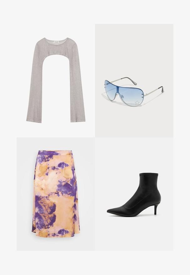Sølv langermet topp med rund hals og utskjæring under. Laget av teksturert stoff, med en tettsittende design og utsvungne ermer.; Lilla og oransje tie-dye midi-skjørt i myk stoff med A-linjeform og subtil tekstur, med en glatt liv og flytende design.; Sorte ankelstøvler laget av glatt skinn med spiss tå og en kort, slank hæl. Har et sømløst design og subtile sømdetaljer.; Pilotbriller med gradient blå linse, sølvfarget metallramme og dekorative stjerneaksenter på linsen. Glatt og stilren design.
