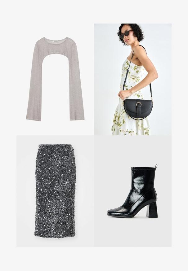 Bluza argintie cu mânecă lungă, decolteu rotund și o decupare dedesubt. Fabricată dintr-un material texturat, are un design ajustat și mâneci evazate.; Fustă tip creion din paiete într-o nuanță gri închis, cu un design ajustat. Suprafața este acoperită cu paiete rotunde strălucitoare, oferind un finisaj texturat.; Botine negre din patent, cu vârf pătrat și toc geometric masiv. Prezintă o textură netedă și lucioasă și o bandă de prindere la spate pentru a fi ușor de purtat.; Geantă din piele neagră, cu o formă curbată, curea detașabilă și accesorii aurii. Geanta are un capac cu un detaliu tip cataramă.