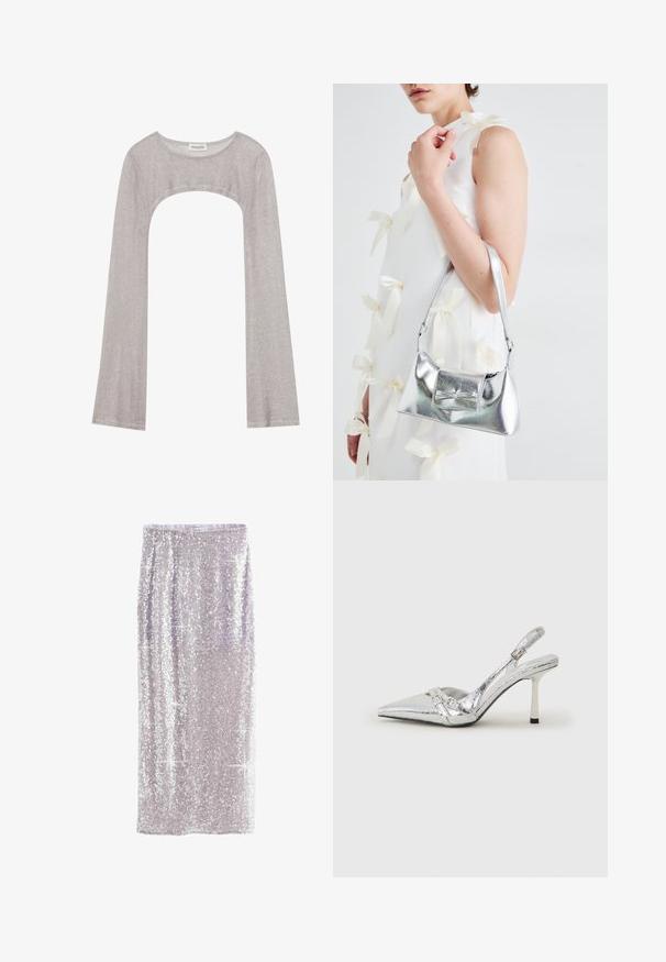 Hõbedane pika varrukaga topp ümarate peadega ja lõigetega all. Valmistatud tekstuuriga kangast, millel on kehaeenduv disain ja laienevad varrukad.; Heledad nõelatud seelik helesinises toonis, millel on sile vöökoht ja tihedad, läikivad sädelevad sequins, mis katavad kogu kanga.; Hõbedased slingback kõrged kontsad terava ninaga, metalne viimistlus, kaks dekoratiivset rihma ja sihvakad kontsad musta otsaga.; Hõbedane metallik käekott struktureeritud kujuga, millel on ülemine sang ja ettepoole suunatud paeladetail. Sile tekstuur, peegeldav viimistlus.