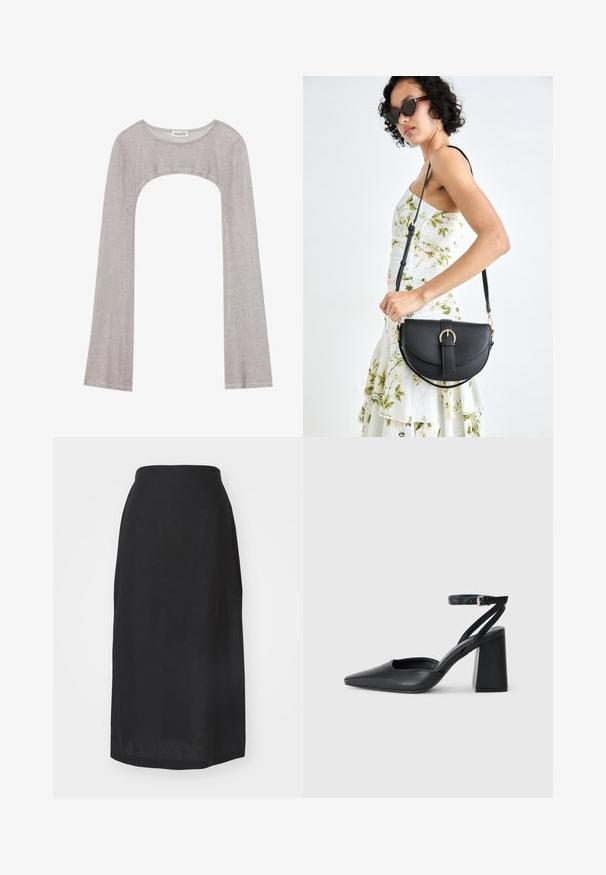 Silver long-sleeve top with a rounded neckline and cut-out below. Made of textured fabric, featuring a fitted design and flared sleeves.; Black linen midi skirt with a high waist, smooth texture, straight cut, and a hem that sits below the knee. No visible seams or patterns.; Black leather pointy-toe pump with an ankle strap and a chunky heel. Flat texture, sleek design, and minimalistic aesthetics.; Black leather handbag with a curved shape, detachable strap, and gold hardware. The bag features a flap with a buckle detail.