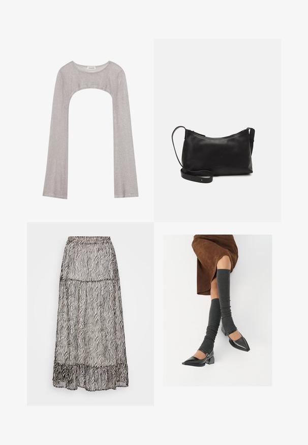 Sølv langærmet top med rund halsudskæring og udskæring nedenfor. Lavet af tekstureret stof, med en tætsiddende design og flagrende ærmer.; Lang, gennemsigtig nederdel med et zebra-stribe mønster i sort og grå. Elastisk talje med en volangkant forneden. Letvægtsstof.; Sorte patenterede lædersko med spids tå, blokhæl og ankelrem, kombineret med grå ribbede benvarmere og en brun ruskinds nederdel.; Sort læder skuldertaske med en glat tekstur, buet form, justerbar rem og lynlås. Minimalistisk design uden udsmykninger.