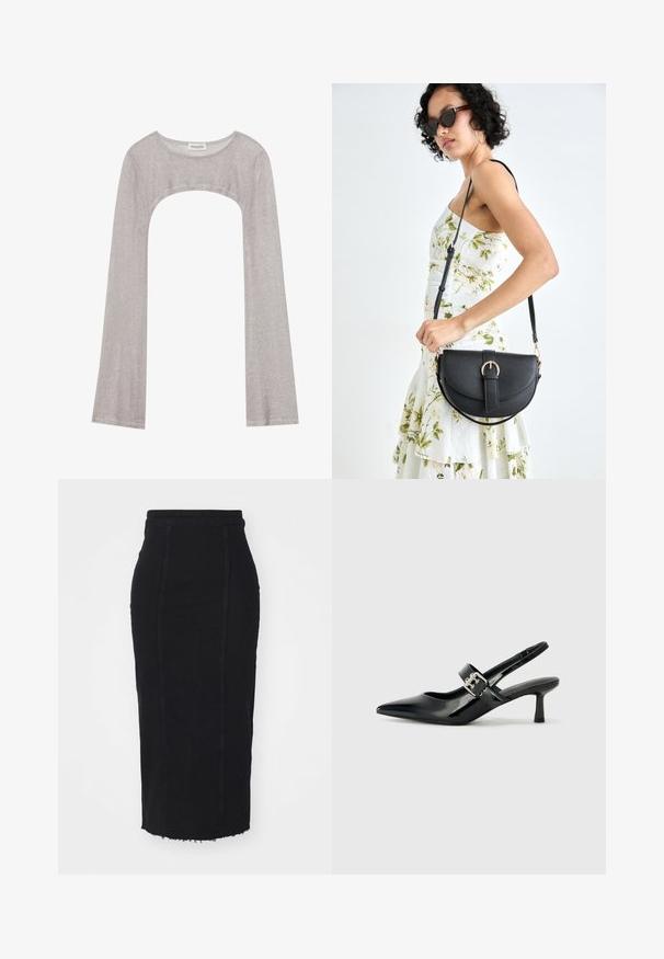 Sudraba garām piedurknēm augšdaļa ar noapaļotu dekoltē un izgriezumu zemāk. Izgatavota no teksturēta auduma, ar pieguļošu dizainu un plandošām piedurknēm.; Melnas denima zīmuļa svārki ar augstu jostasvietu, redzamām šuvēm, taisnu griezumu un saplēstām malām.; Melnas lakotas ādas sūkņa kurpes ar norādītu purngali un mazu bloku papēdi, ar sudraba sprādzi akcentā uz jostas.; Melnas ādas rokassoma ar izliekta formu, noņemamu siksnu un zelta aksesuāriem. Somai ir vāciņš ar sprādzes detaļu.