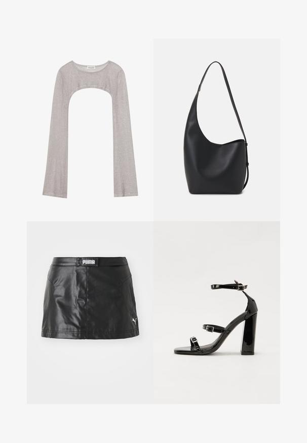 Top prateado de manga longa com um decote arredondado e recorte na parte inferior. Feito de tecido texturizado, apresentando um design ajustado e mangas largas.; Saia preta em couro sintético com uma textura suave, apresentando um logótipos da PUMA na cintura e um pequeno logótipo na bainha.; Sandálias de tacão preto laqueadas com bico quadrado, tiras para o tornozelo e fivelas prateadas. Apresentam um salto bloco chunky para estabilidade.; Saco hobo preto em pele com uma textura lisa, forma curva e uma única alça ajustável; apresenta uma abertura larga na parte de cima.