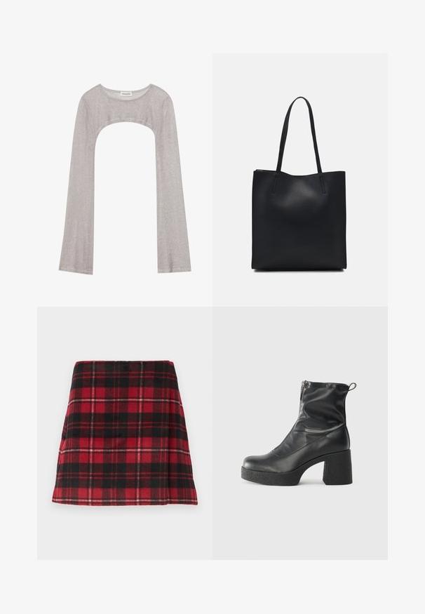 Srebrna bluza z dolgimi rokavi in okroglim izrezom, z izrezom spodaj. Narejena iz teksturiranega materiala, z oprijetim krojem in razširjenimi rokavi.; Rdeča in črna karo mini krila, izdelana iz mehkega materiala s širokim krojem, z vodoravnim šivanjem in čistim robom.; Črne gležnjarje iz gladke kože z božnim zadrgo, masivnim teksturiranim peto in zaobljeno obliko prstov.; Črna usnjena torba s svilnato teksturo, pravokotne oblike in dvema dolgima ročajema. Brez vidnih metalnih delov ali okrasnih elementov.