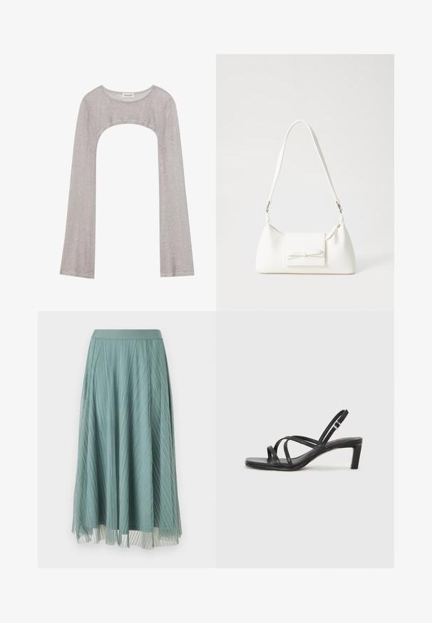 Zilveren lange mouwen top met een ronde hals en een uitsnede eronder. Gemaakt van gestructureerde stof, met een aansluitend ontwerp en uitlopende mouwen.; Plissé midi-rok in een gedempte teal kleur, gemaakt van een lichtgewicht stof. Heeft een gladde tailleband en een doorschijnende onderlaag voor extra textuur.; Zwarte sandaal met bandjes, vierkante teen en een lage blokhak. Voorzien van meerdere dunne bandjes en een verstelbare enkelband. Gemaakt van zacht leer.; Witte synthetische handtas met een driehoekige vorm, platte voorklep en strikdetail, verstelbare schouderriem, gladde textuur en minimalistisch ontwerp.