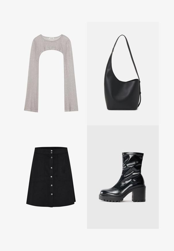 Sidabrinė ilgarankovė palaidinė su apvaliu iškirpimu ir išpjova apačioje. Pagaminta iš tekstūruoto audinio, pasižyminti prigludusia siluetu ir išsiplėtusiomis rankovėmis.; Juodas A formos sijonas, pagamintas iš tekstūruoto audinio, turintis priekinį mygtuką, dvi šonines kišenes ir iki kelių siekiančią apatinę dalį.; Juodos odinės pusiau ilgų aulinukių su masyviu blokuotu kulnu ir raitytu padu profilis, rodomas ant šviesaus vientiso fono.; Juodas odinis hobo maišas su lygiu paviršiumi, kreipta forma ir viena reguliuojama rankena; turi platų atidarymą viršuje.