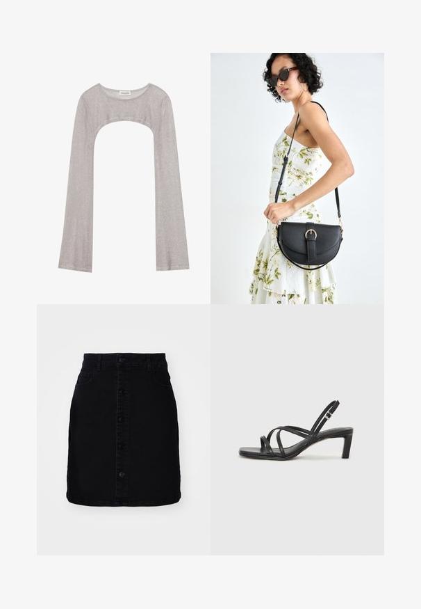 Srebrna bluza z dolgimi rokavi in okroglim izrezom, z izrezom spodaj. Narejena iz teksturiranega materiala, z oprijetim krojem in razširjenimi rokavi.; Črna denim krilna z zapiranjem na gumb spredaj, dvema žepoma, ravnim krojem in čistim robom. Narejena iz trpežnega blaga z gladko teksturo.; Črne natikače s trakovi in kvadratnim prstom ter nizkim blokastim peto. Imajo več tankih trakov in nastavljiv trak okoli gležnja. Narejene so iz gladkega usnja.; Črna usnjena torbica s ukrivljeno obliko, z odstranljivo naramnico in zlatimi dodatki. Torbica ima pokrov s podrobnostmi v obliki zaponke.