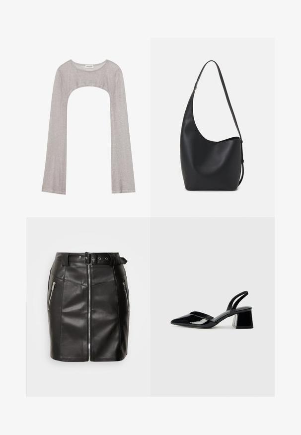 Haut argent à manches longues avec un col rond et une coupe en dessous. Fabriqué en tissu texturé, il présente un design ajusté et des manches évasées.; Mini-jupe en cuir noir au design ajusté, avec une fermeture éclair frontale, deux poches latérales et une ceinture avec une boucle. Texture lisse.; Escarpins en cuir verni noir avec bout pointu et talon bloc géométrique. Présente un design élégant et minimaliste ainsi qu'une texture lisse.; Sac hobo en cuir noir avec une texture lisse, une forme incurvée et une seule sangle réglable ; dispose d'une large ouverture en haut.