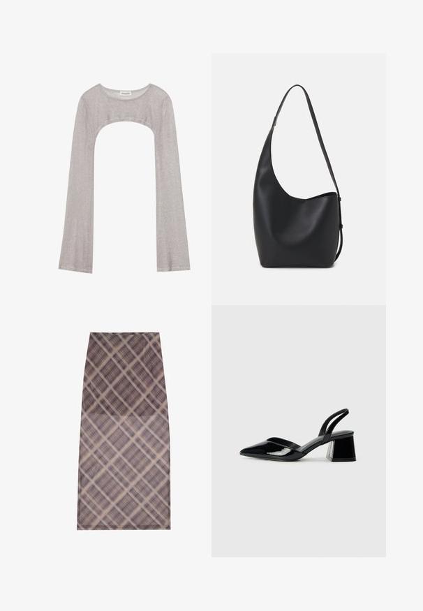 Sølv langermet topp med rund hals og utskjæring under. Laget av teksturert stoff, med en tettsittende design og utsvungne ermer.; Et knelangt skjørt laget av et gjennomsiktig, lett stoff med rutemønster i nyanser av brunt og krem, glattes overflate og rene kanter.; Svarte patentlær slingback hæler med spiss tå og geometrisk blokk hæl. Har et stilrent, minimalistisk design og jevn tekstur.; Svart lær hobo-veske med glatt tekstur, buet form og enkelt justerbart stropp; har en bred åpning på toppen.