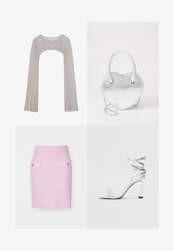 Sudraba garām piedurknēm augšdaļa ar noapaļotu dekoltē un izgriezumu zemāk. Izgatavota no teksturēta auduma, ar pieguļošu dizainu un plandošām piedurknēm.; Gaiši rozā, teksturēta ceļgala garuma svārki ar režģa rakstu, kas aprīkoti ar divām priekšējām kabatām un dekoratīviem pogām katrā kabatā.; Sudrabaini augstpapēžu sūna ar spīdīgu siksnu dizainu, kurā ir pērlēm līdzīgs akcents un spirālveida potītes siksna drošai pieguvei.; Sudraba metāla sirds formas soma ar divām rokturēm, ķēdes siksnu un gludu faktūru. Iespējas ietver metāla furnitūru un izšūtas malas.