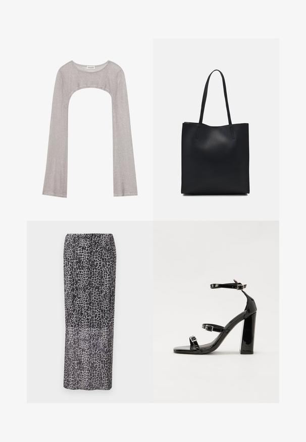 Stříbrný dlouhý rukáv top s kulatým výstřihem a výřezem dole. Vyroben z texturované tkaniny, s přiléhavým střihem a rozšířenými rukávy.; Maxi sukně s leopardím potiskem v černé a šedé barvě, se střihovým provedením do rovného siluetu a lehkým materiálem s průhlednou strukturou.; Černé lakované sandály na vysokém podpatku se dvěma pásky se sponami, čtvercovou špičkou a robustním blokovým podpatkem, s hladkou, lesklou texturou.; Černá kožená taška přes rameno s hladkým povrchem, obdélníkovým tvarem a dvěma dlouhými uchy. Žádné viditelné kování ani ozdoby.