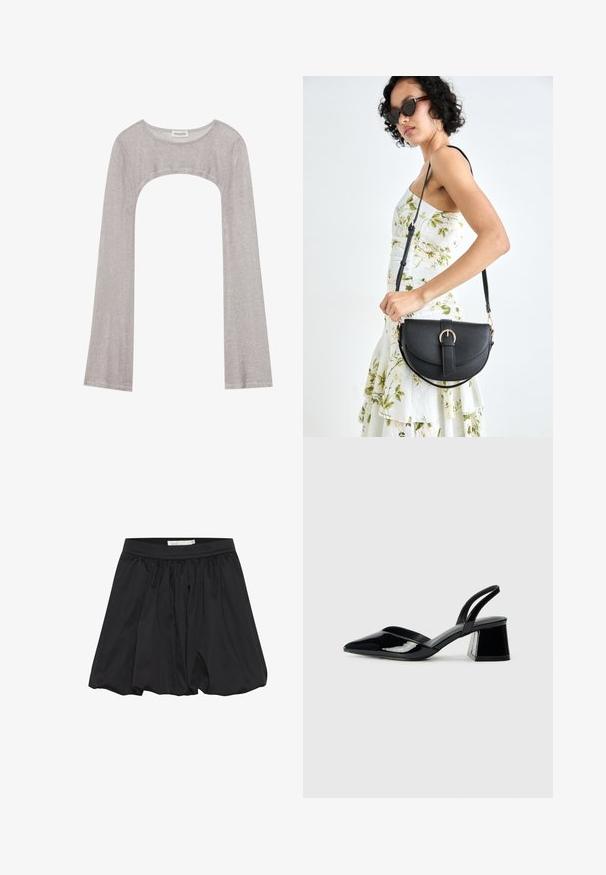Silbernes Langarmoberteil mit rundem Ausschnitt und Cut-out darunter. Hergestellt aus strukturiertem Stoff, mit figurbetontem Design und ausladenden Ärmeln.; Schwarze Rock mit gerafftem Stoff und elastischem Bund, der eine glatte Textur und eine lockere, ausladende Form aufweist.; Schwarze Lackleder-Slingback-High Heels mit spitzem Schuh und einem geometrischen Blockabsatz. Verfügt über ein schlankes, minimalistisches Design und eine glatte Textur.; Schwarze Lederhandtasche mit geschwungener Form, abnehmbarem Tragegurt und goldenen Beschlägen. Die Tasche verfügt über einen Deckel mit einer Schnallen-Details.