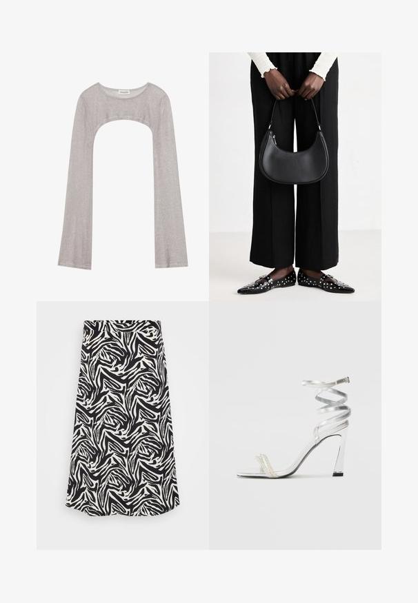 Hopeapintainen pitkähihainen paita, jossa on pyöreä pääntie ja leikattu kohta alapuolella. Valmistettu teksturoidusta kankaasta, jossa on vartalon myötäinen muotoilu ja levenevät hihat.; Hame mustavalkoinen, jossa on pyörteinen seeprahallinta, suora leikkaus ja helman malli. Valmistettu sileästä ja kevyestä kankaasta.; Hopea korkeakorkoinen sandaali, jossa on kiiltävä remmimuotoilu, helmiäisen kaltainen korostus ja kieputettu nilkkaremmi turvallista istuvuutta varten.; Mustapohjainen nahkalaukku, jolla on pyöreä muoto, kiiltävä pinta ja hopeiset varusteet. Henkilöllä on päällään mustat leveälahkeiset housut ja niittilapaset.