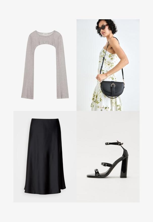 Haut argent à manches longues avec un col rond et une coupe en dessous. Fabriqué en tissu texturé, il présente un design ajusté et des manches évasées.; Jupe midi en satin noir avec une texture lisse, une taille élastique et une forme subtile en A, avec une fente sur le côté.; Sandales à talons hauts en cuir verni noir avec deux brides à boucles, bout carré et talon bloc épais, présentant une texture lisse et brillante.; Sac à main en cuir noir avec une forme courbée, bandoulière amovible et des accessoires en or. Le sac est doté d'un rabat avec un détail de boucle.
