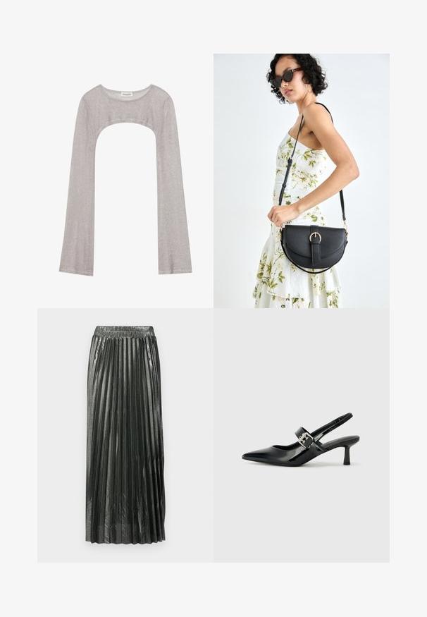 Top prateado de manga longa com um decote arredondado e recorte na parte inferior. Feito de tecido texturizado, apresentando um design ajustado e mangas largas.; Saia plissada metálica verde escura com cintura elástica, apresentando pregas verticais e uma textura suave, atingindo o comprimento até a metade da panturrilha.; Saltos slingback em verniz preto com bico pontiagudo e um pequeno salto bloco, apresentando um detalhe de fivela prateada na tira.; Bolsa de couro preta com forma curva, alça destacável e detalhes em dourado. A bolsa possui uma aba com detalhe de fivela.