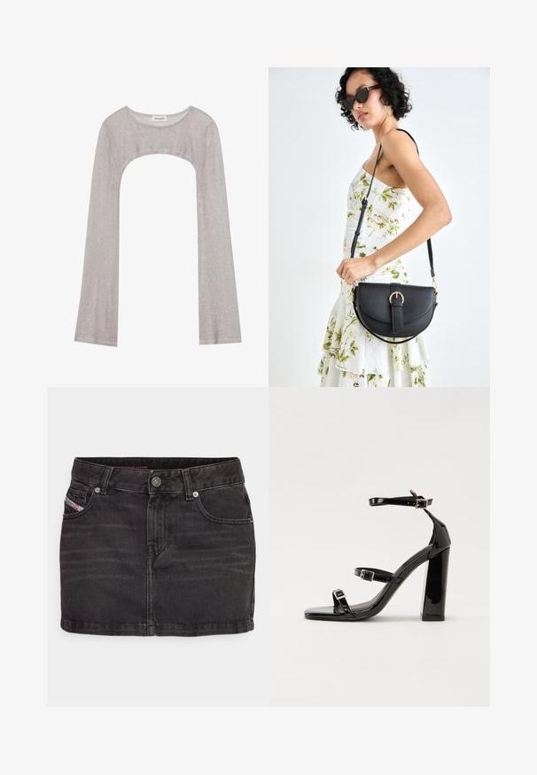 Haut argent à manches longues avec un col rond et une coupe en dessous. Fabriqué en tissu texturé, il présente un design ajusté et des manches évasées.; Jupe mini en denim noir au design ajusté. Comprend cinq poches, une fermeture à bouton et une texture légèrement usée.; Sandales à talons vernies noires avec un bout carré, des sangles autour de la cheville et des boucles en argent. Dotées d'un talon bloc épais pour plus de stabilité.; Sac à main en cuir noir avec une forme courbée, bandoulière amovible et des accessoires en or. Le sac est doté d'un rabat avec un détail de boucle.