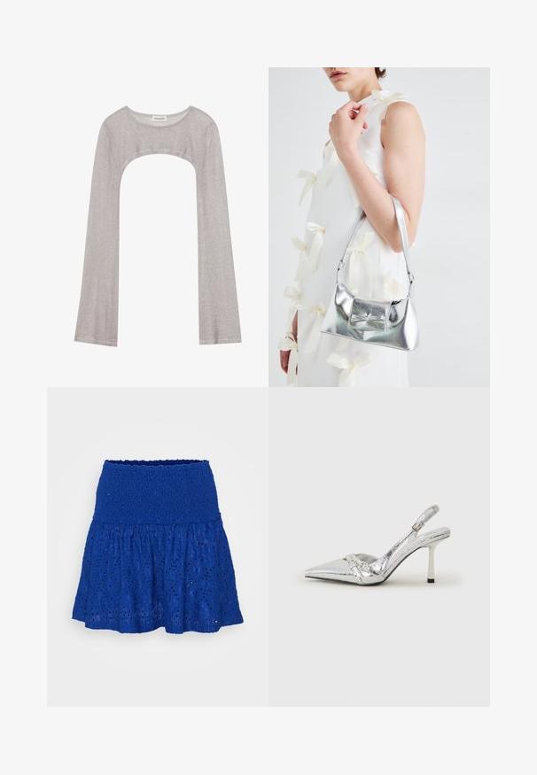 Sudraba garām piedurknēm augšdaļa ar noapaļotu dekoltē un izgriezumu zemāk. Izgatavota no teksturēta auduma, ar pieguļošu dizainu un plandošām piedurknēm.; Zils mežģīņu svārki ar teksturētu izšūtu rakstu un izplestu siluetu, kā arī elastīgu jostu.; Sudraba slingback augstpapēžu kurpe ar norādītu purngalu, metālisku apdari, diviem dekoratīviem siksniņām un plānu papēdi ar melnu galu.; Sudraba metāla rokassoma ar struktūru formu, aprīkota ar augšējo rokturi un priekšpusē esošu loku. Gluda tekstūra, atstarojoša virsma.