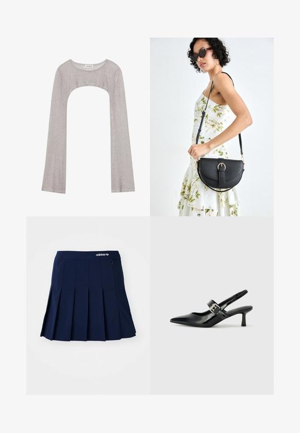 Top prateado de manga longa com um decote arredondado e recorte na parte inferior. Feito de tecido texturizado, apresentando um design ajustado e mangas largas.; Saia plissada azul-marinho feita de tecido leve; apresenta uma cinta elástica e um pequeno bolso com fecho de zip, com o logótipo branco da Adidas na parte da frente.; Saltos slingback em verniz preto com bico pontiagudo e um pequeno salto bloco, apresentando um detalhe de fivela prateada na tira.; Bolsa de couro preta com forma curva, alça destacável e detalhes em dourado. A bolsa possui uma aba com detalhe de fivela.