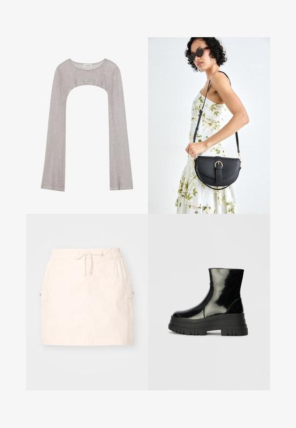 Haut argent à manches longues avec un col rond et une coupe en dessous. Fabriqué en tissu texturé, il présente un design ajusté et des manches évasées.; Jupe en coton beige clair avec une taille élastique munie de cordons de serrage, deux poches latérales et une coupe droite. Texture lisse.; Bottines noires brillantes avec semelle lugg épaisse et bout rond, vue de côté sur un fond gris clair uni.; Sac à main en cuir noir avec une forme courbée, bandoulière amovible et des accessoires en or. Le sac est doté d'un rabat avec un détail de boucle.