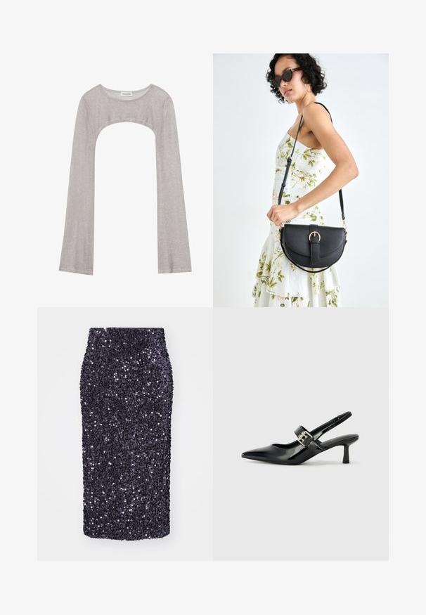 Sidabrinė ilgarankovė palaidinė su apvaliu iškirpimu ir išpjova apačioje. Pagaminta iš tekstūruoto audinio, pasižyminti prigludusia siluetu ir išsiplėtusiomis rankovėmis.; Violet blizgučiais dekoruota pieštuko sijonas su prigludusiu dizainu. Lygi tekstūra, iki kelių ilgio, visiškai išpuoštas mažais, atspindinčiais blizgučiais.; Juodai lakuoti slingback aukštakulniai su smailiu kojų pirštu ir mažais blokiniais kulniukais, su sidabro sagtimi ant dirželio.; Juodas odinis krepšys su išlenkta forma, nuimamu dirželiu ir auksiniais detalėmis. Krepšys turi kilpą su sagtimi.